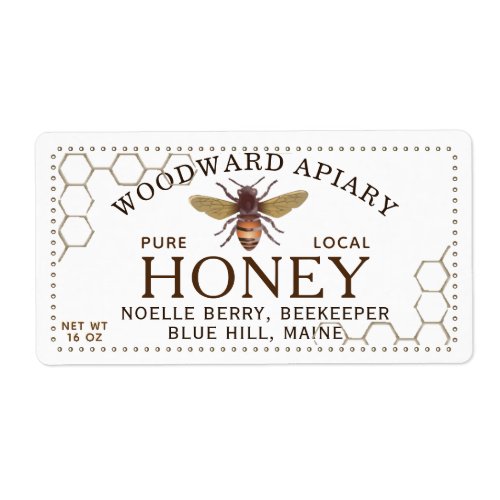 12 oz hexagon Honey Label with honeybee honeycomb