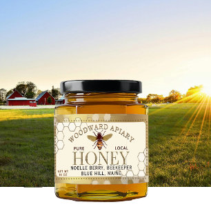12 oz hexagon Honey with bee honeycomb gold border Label