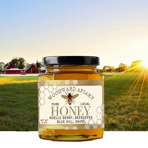 12 oz hexagon Honey with bee honeycomb gold border Label