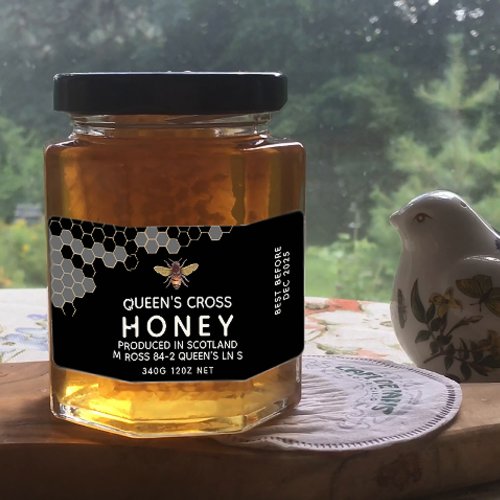 12 oz Honey Hex Jar Label with honeycomb and bee