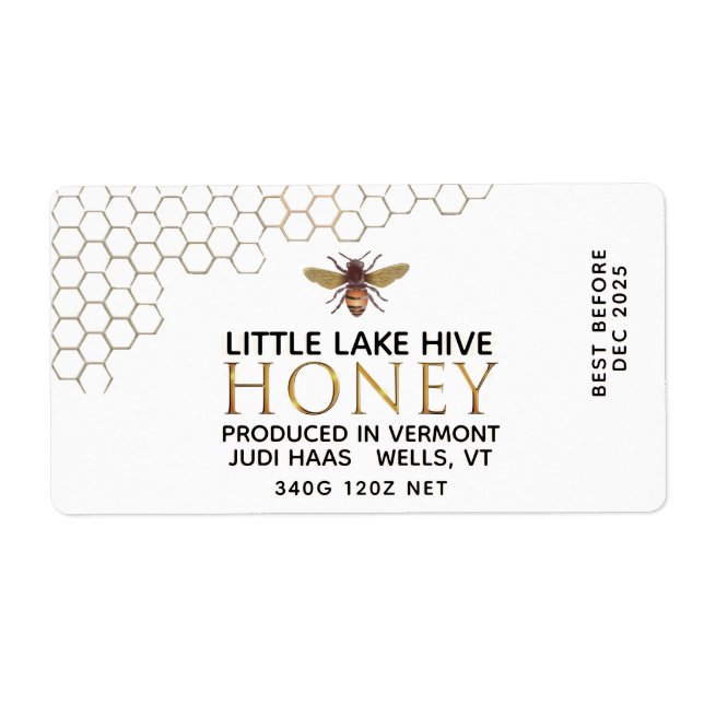12 oz Honey Hex Jar Label with honeycomb and bee (Front)