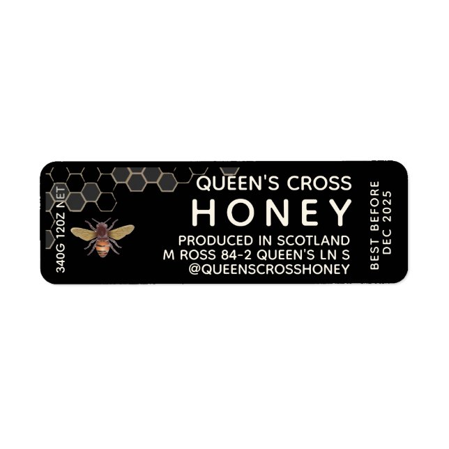 12 oz Honey Hex Jar Label with honeycomb and bee (Front)