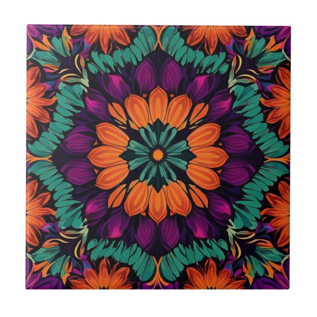 12 Petal Orange Flower Ceramic Tile (Front)