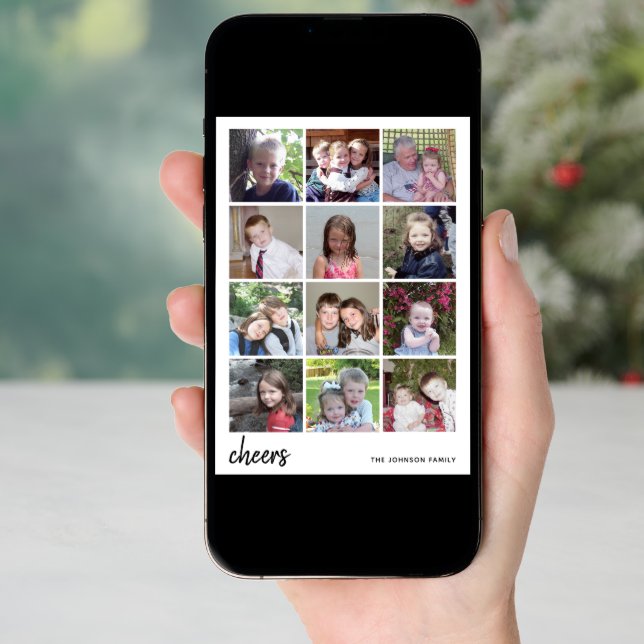 12 Photo Christmas Collage - Cheers Minimalist Holiday Card (Front Digital)