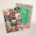 12 Photo Collage 2-Sided Christmas - Download 2023 Holiday Card<br><div class="desc">A bright and cheerful retro herringbone pattern in green and red. The front is completely covered with photos. Use 12 square photos and make a unique and trendy Merry Christmas greeting with a retro block font on the back with a festive line art stripe pattern. If you need to move...</div>