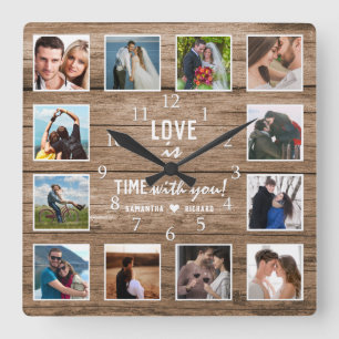 12 Photo Collage 5 Year Wood Wedding Anniversary   Square Wall Clock