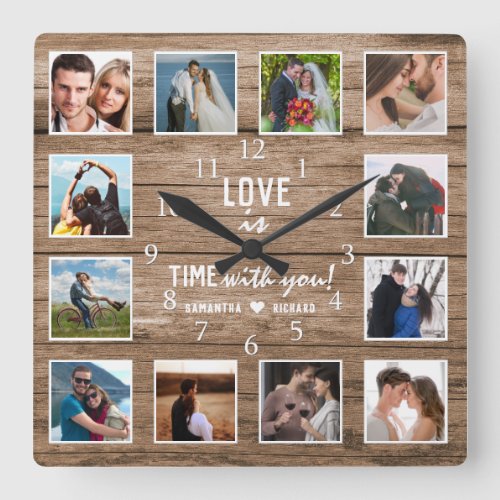12 Photo Collage 5 Year Wood Wedding Anniversary Square Wall Clock