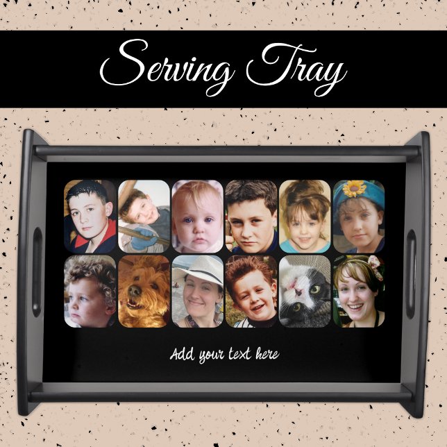 12 photo collage add text black serving tray (Creator Uploaded)