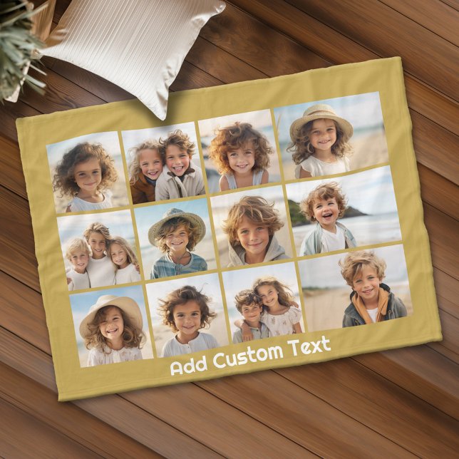 12 Photo Collage and Gold Background Text Fleece Blanket (Personalized fleece blanket with 12 photos and custom text)