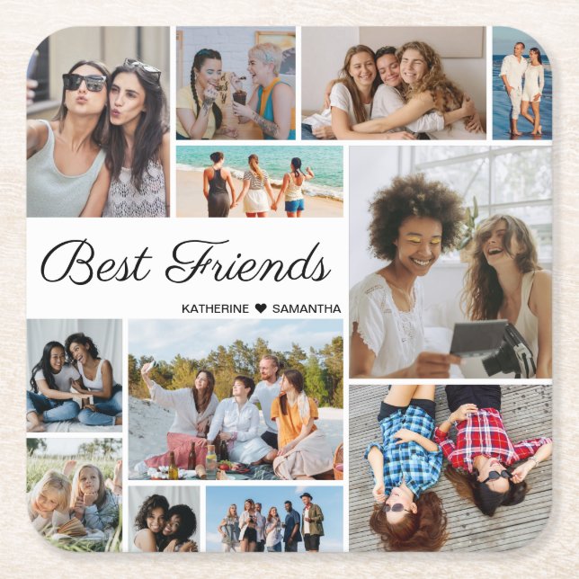 12 Photo Collage Best Friends Forever Square Paper Coaster (Front)