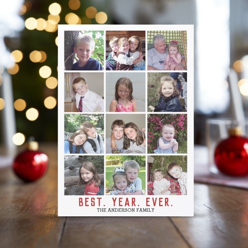 12 Photo Collage Best Year Ever Christmas Red Holiday Card