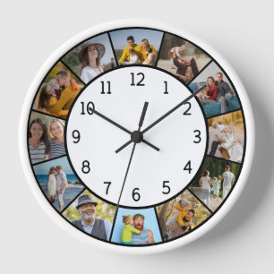 12 Photo Collage Black & White Family & Friends Clock