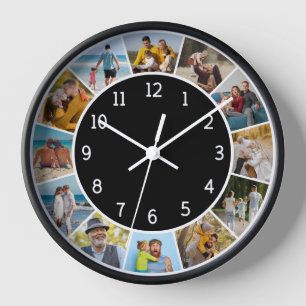 12 Photo Collage Black & White Family & Friends Clock