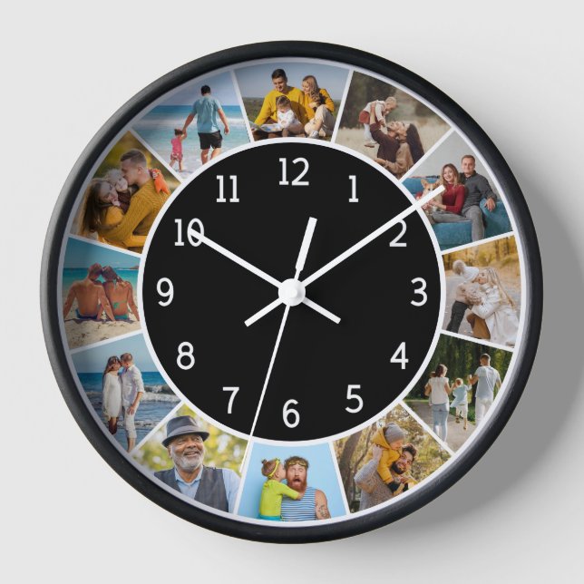 12 Photo Collage Black & White Family & Friends  Clock (Front)