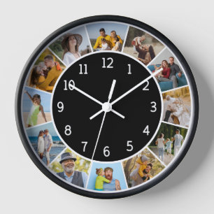 12 Photo Collage Black & White Family & Friends Clock