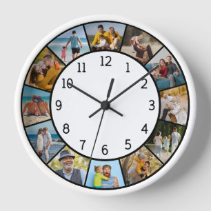 12 Photo Collage Black & White Family & Friends Clock