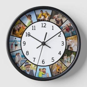 12 Photo Collage Black & White Family & Friends Clock