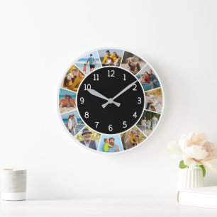 12 Photo Collage Black & White Family & Friends Large Clock