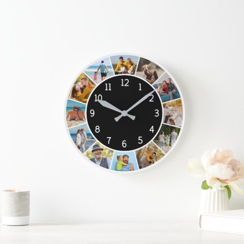 12 Photo Collage Black  White Family  Friends   Large Clock