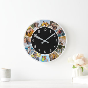 12 Photo Collage Black & White Family & Friends Large Clock