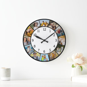 12 Photo Collage Black & White Family & Friends Large Clock