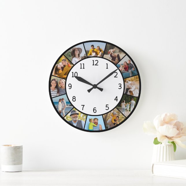 12 Photo Collage Black & White Family & Friends  Large Clock (Home)