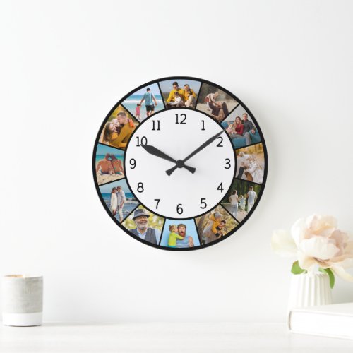 12 Photo Collage Black  White Family  Friends  Large Clock