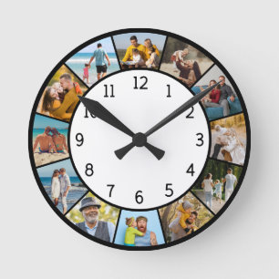 12 Photo Collage Black & White Family & Friends Round Clock