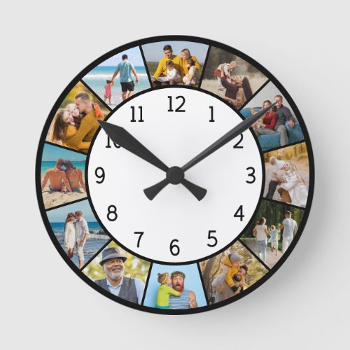 12 Photo Collage Black  White Family  Friends Round Clock