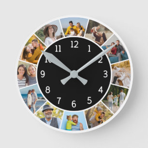 12 Photo Collage Black & White Family & Friends Round Clock