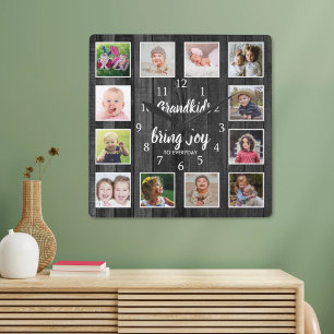12 Photo Collage Black Wood Grandkids Quote Square Wall Clock