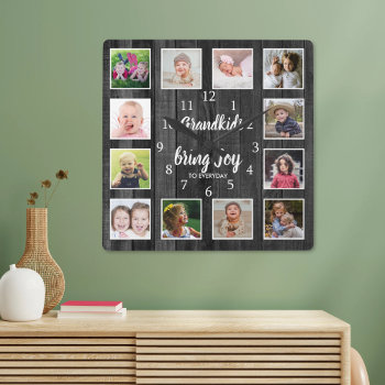 12 Photo Collage  Black Wood Grandkids Quote Square Wall Clock by semas87 at Zazzle