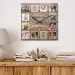 12 Photo Collage Blessed Family Quote Rustic Wood Square Wall Clock<br><div class="desc">Create your own photo collage wall clock with 12 of your favorite pictures. The photo frame clock helps you treasure your special moments and also makes a thoughtful gift for parents, grandparents and friends. The personalized family clock makes it a perfect gift for all occasions. Personalize with family name and...</div>