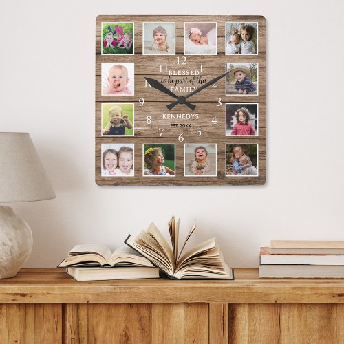12 Photo Collage Blessed Family Quote Rustic Wood Square Wall Clock