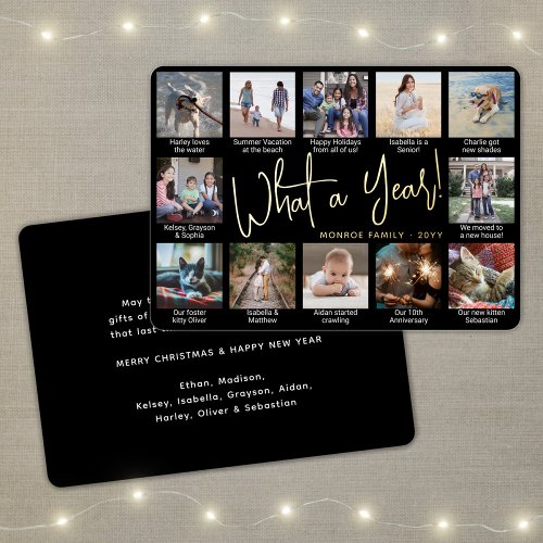 12 Photo Collage  Captions Black What a Year Foil Holiday Card