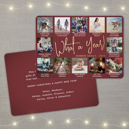 12 Photo Collage  Captions Burgundy What a Year Foil Holiday Card