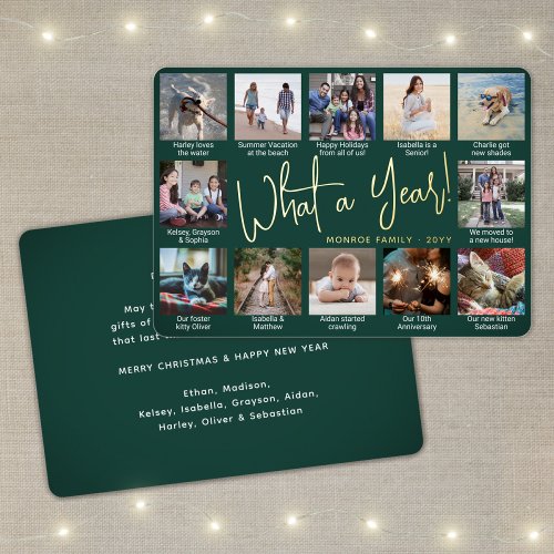 12 Photo Collage  Captions Green What a Year Foil Holiday Card