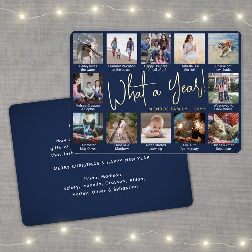 12 Photo Collage  Captions Navy Blue What a Year Foil Holiday Card