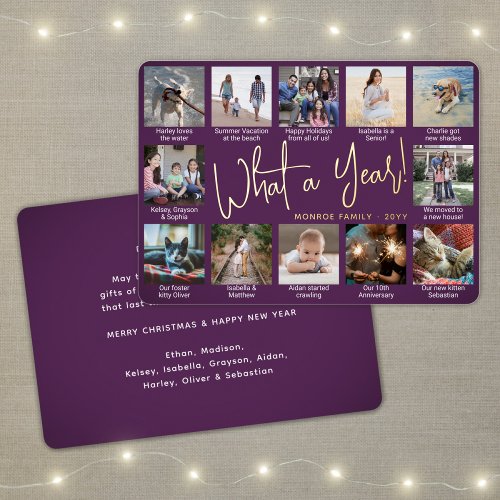 12 Photo Collage  Captions Purple What a Year Foil Holiday Card