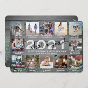 12 Photo Collage & Captions What a Year Pine Wood Holiday Card