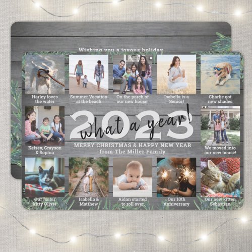 12 Photo Collage  Captions What a Year Pine Wood Holiday Card