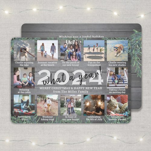 12 Photo Collage  Captions What a Year Pine Wood Holiday Card