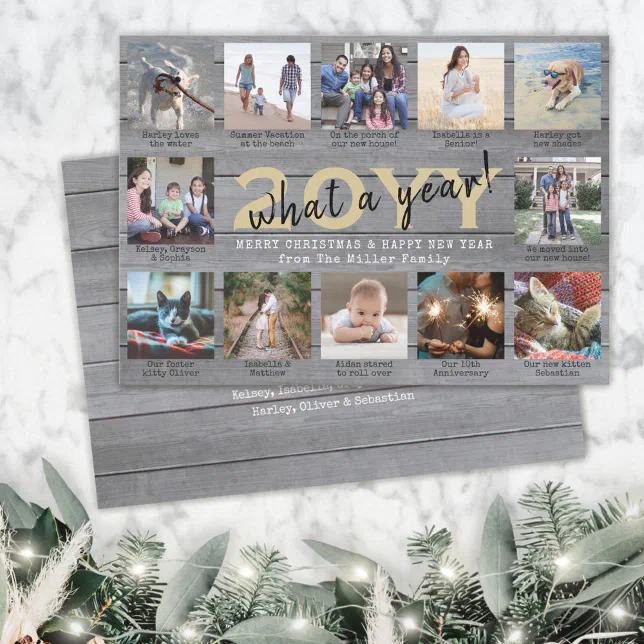 12 Photo Collage & Captions What a Year Wood Gold Holiday Card Zazzle