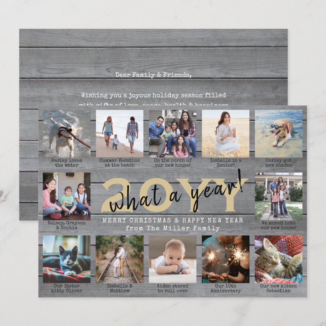 12 Photo Collage & Captions What a Year Wood Gold Holiday Card Zazzle