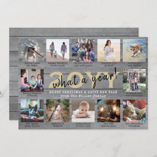 12 Photo Collage & Captions What a Year Wood Gold Holiday Card