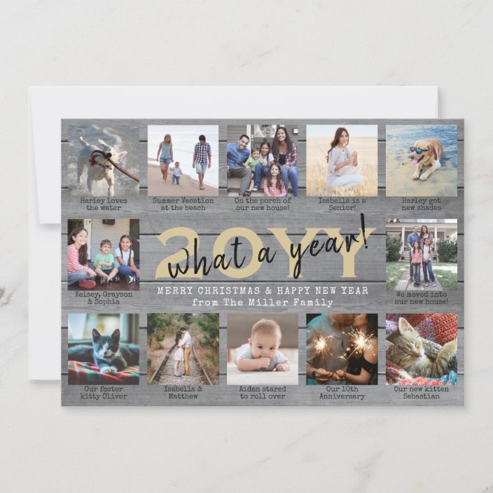 12 Photo Collage & Captions What a Year Wood Gold Holiday Card