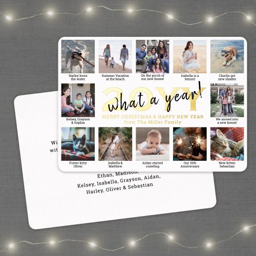 12 Photo Collage  Captions White What a Year Foil Holiday Card