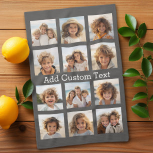 12 Photo Collage Charcoal Gray Modern Text Kitchen Towel
