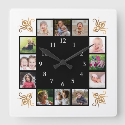 12 Photo Collage Create Your Own Black Square Wall Clock