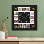 12 Photo Collage Create Your Own Gold Black Square Wall Clock<br><div class="desc">Create your own photo collage wall clock with 12 of your favorite pictures. The photo frame clock  helps you treasure your special moments and also makes a thoughtful gift for parents, grandparents and friends. The personalized family clock makes an unique gift for all occasions.</div>